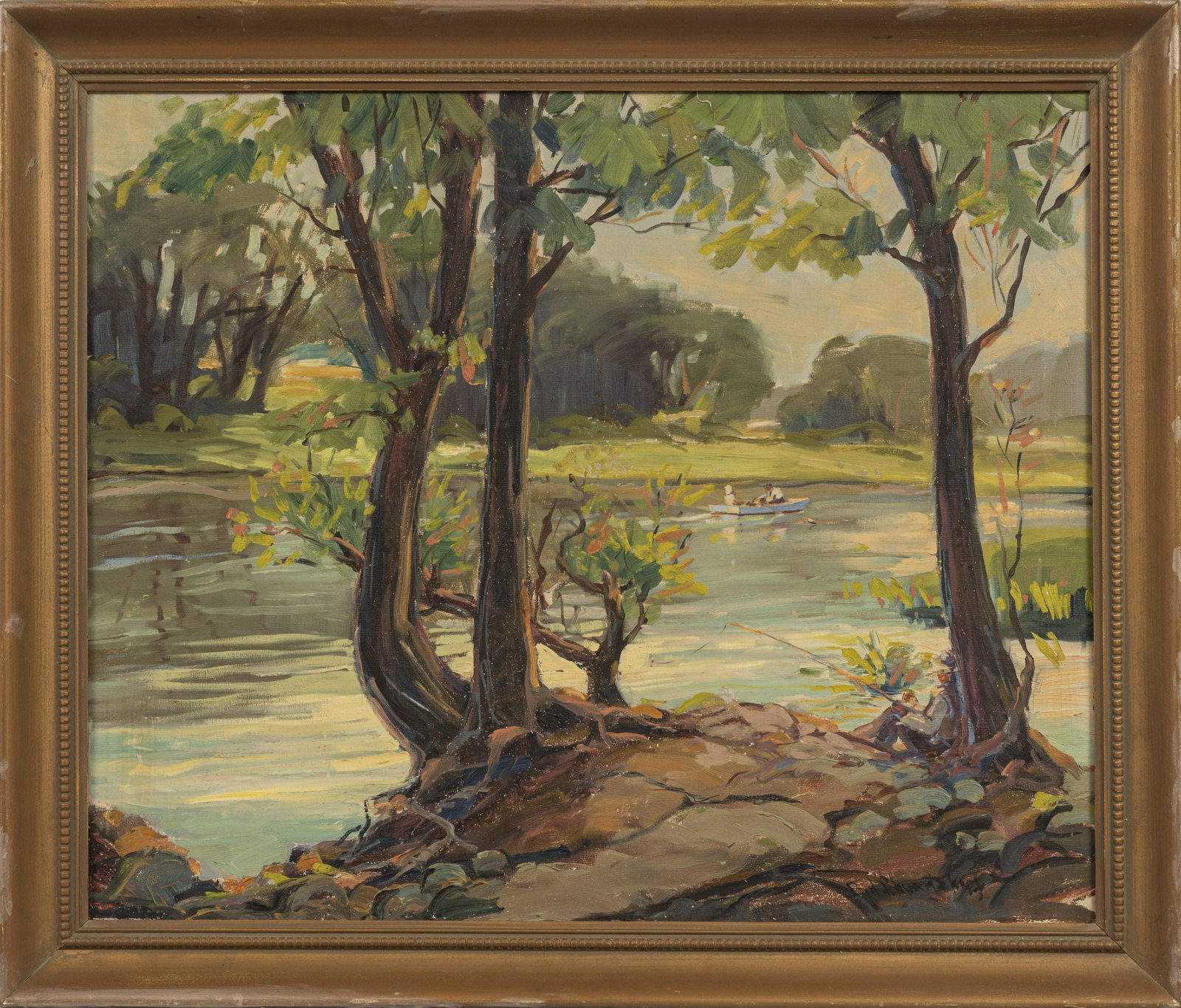 EARL SCHWARTZKOPF (OHIO, 1888-1968) OIL ON CANVAS, H: EARL SCHWARTZKOPF (OHIO, 1888-1968) OIL ON CANVAS, H 25", W 30", RIVER LANDSCAPE Artist's signature to the lower right. Frame measures H 29.5" x L 34.5". "Earl C. Schwartzkopf was born in Ohio in 1888