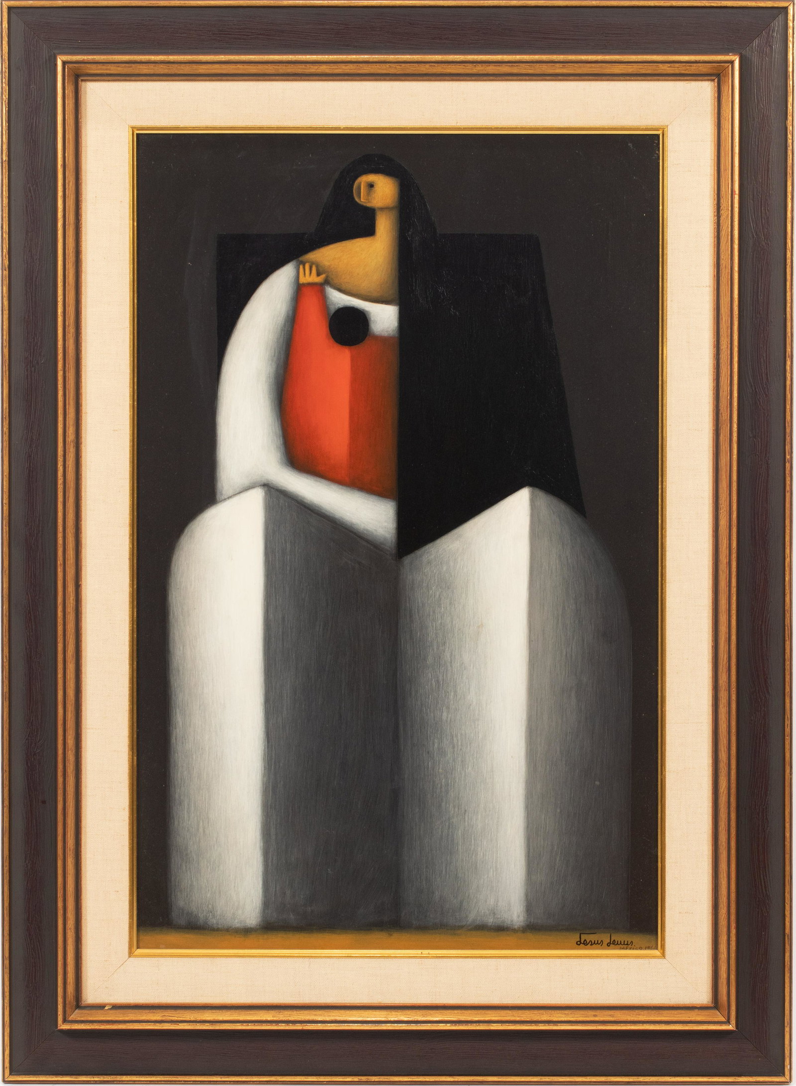 JESUS MARIANO LEUUS (MEXICAN, B. 1948) OIL ON MASONITE,: JESUS MARIANO LEUUS (MEXICAN, B. 1948) OIL ON MASONITE, 1961, H 27", W 17", SEATED FIGURE A 1961 oil on masonite by Jesus Mariano Leuus. Depicting a modernist rendering of a seated woman with child. A
