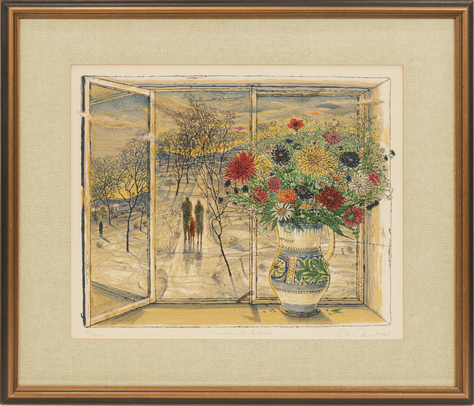 BRUNO STERN ZUPAN (AMERICAN, B. 1939) COLOR LITHOGRAPH: BRUNO STERN ZUPAN (AMERICAN, B. 1939) COLOR LITHOGRAPH ON PAPER, H 13", W 16", "INSIDE-OUTSIDE" A color lithograph on paper titled "Inside-Outside" by Bruno Stern Zupan. Artist's signature, title, and