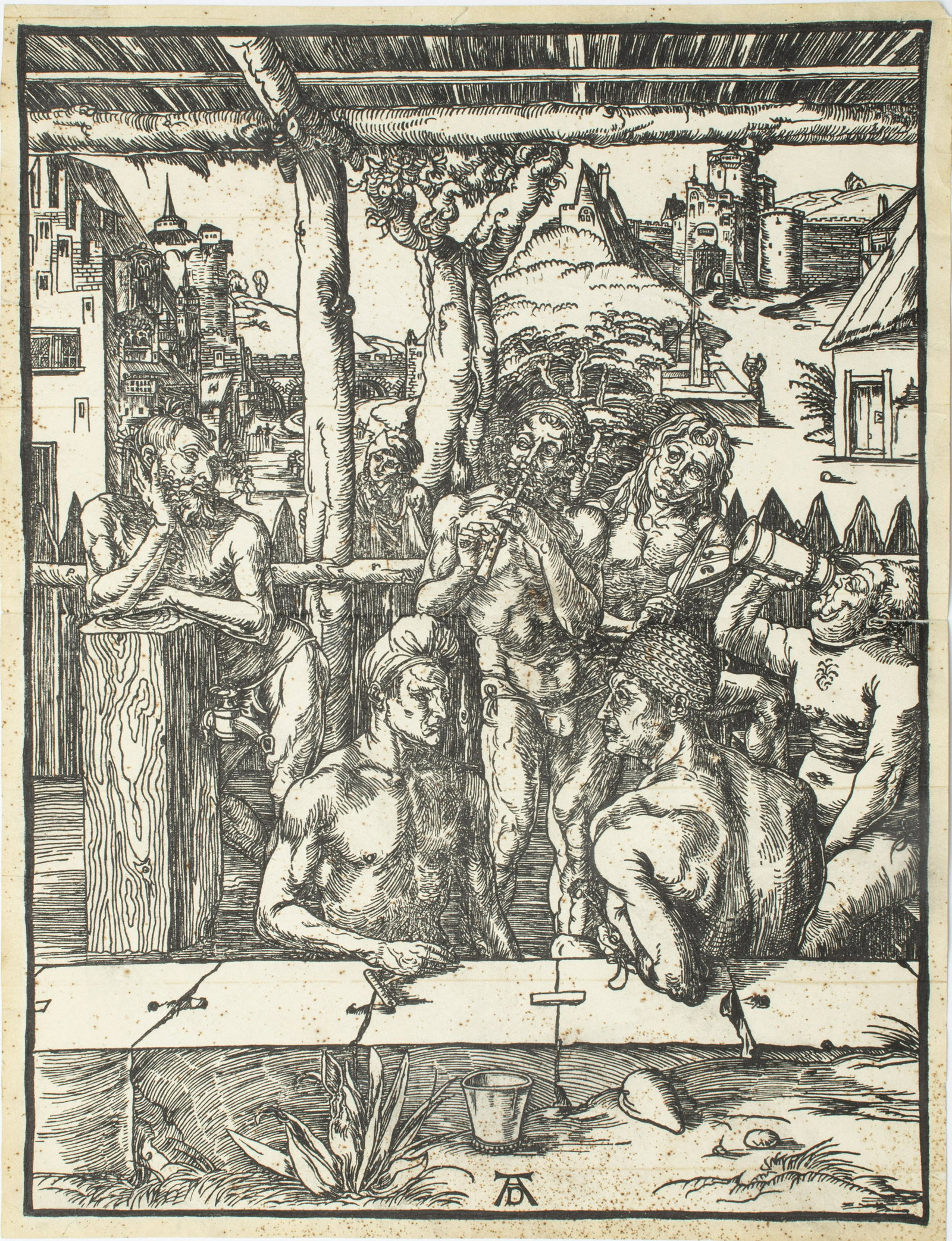 AFTER ALBRECHT DURER, WOODCUT ON PAPER H 15" W 10.8": AFTER ALBRECHT DURER, WOODCUT ON PAPER H 15" W 10.8" "GENTLEMAN'S BATH" Not framed.