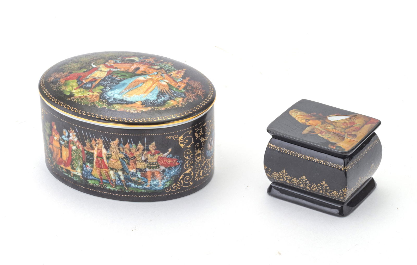 RUSSIAN LACQUER COVERED BOXES, 2 PCS, H 1.75"-2.5" (1 of 4)
