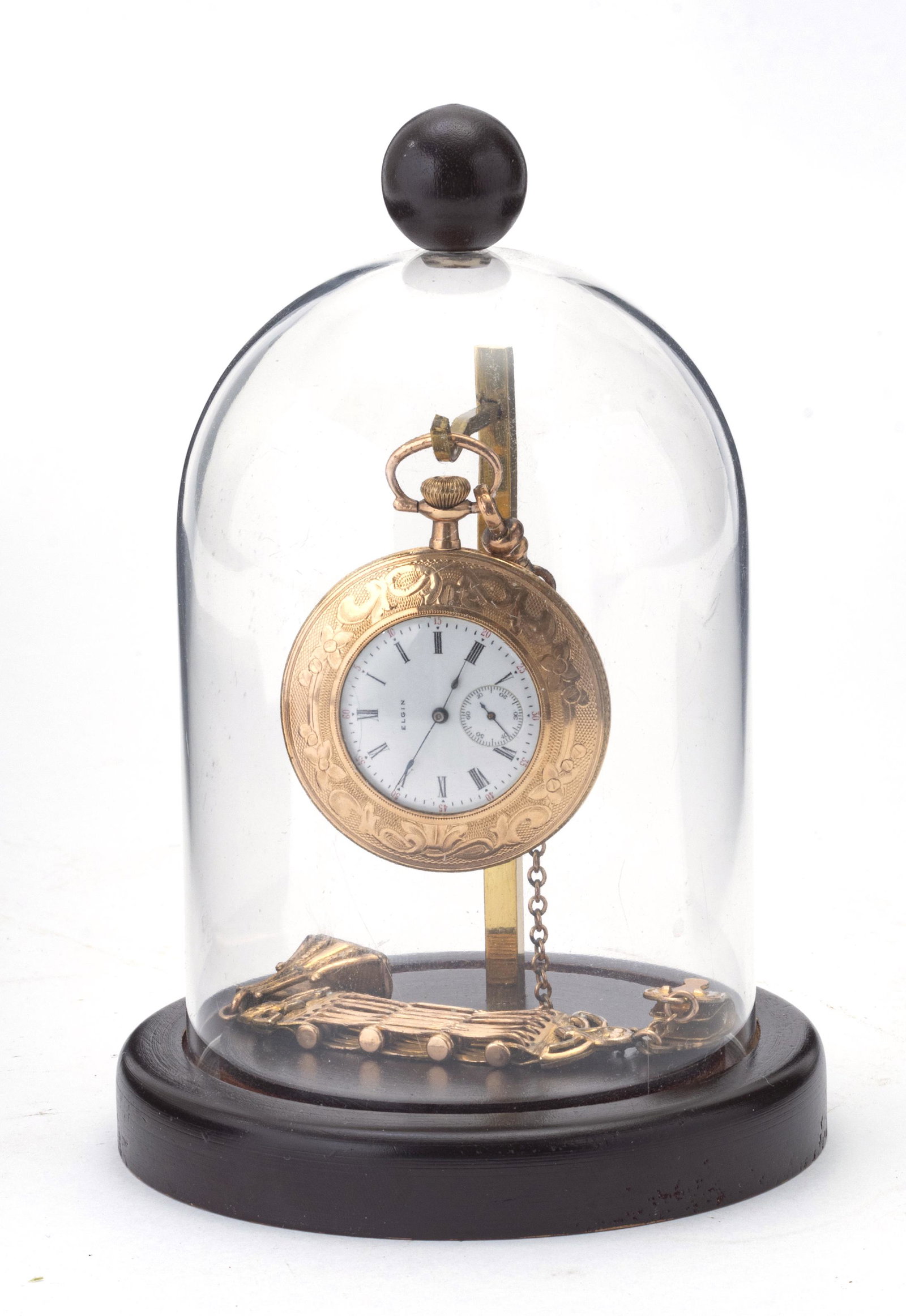 ELGIN 15-JEWEL GOLD FILLED POCKET WATCH, DIA 2" (DIAL),: ELGIN 15-JEWEL GOLD FILLED POCKET WATCH, DIA 2" (DIAL), T.W. 70 GR Features an engraved and monogrammed case ("JG"). White dial features Roman numerals, one seconds dial, and blue steel hands. Chain m