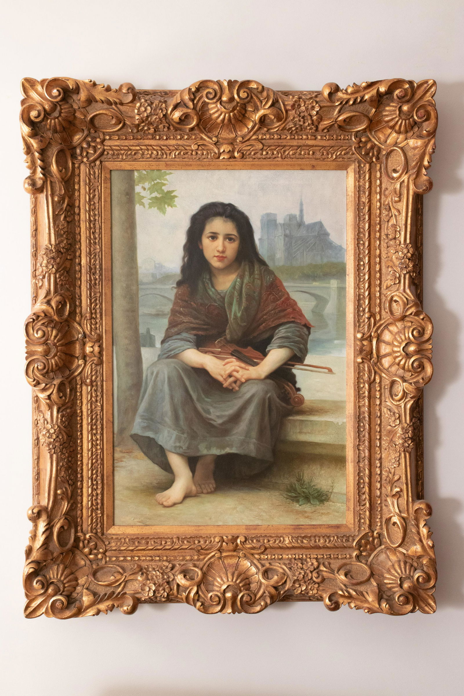 AFTER BOUGUEREAU, OIL ON CANVAS, H 36", W 24", GIRL ON: AFTER BOUGUEREAU, OIL ON CANVAS, H 36", W 24", GIRL ON BANKS OF SEINE Notre Dame cathedral in distance. Frame 50" x 40". From a Grosse Pointe Shores estate.