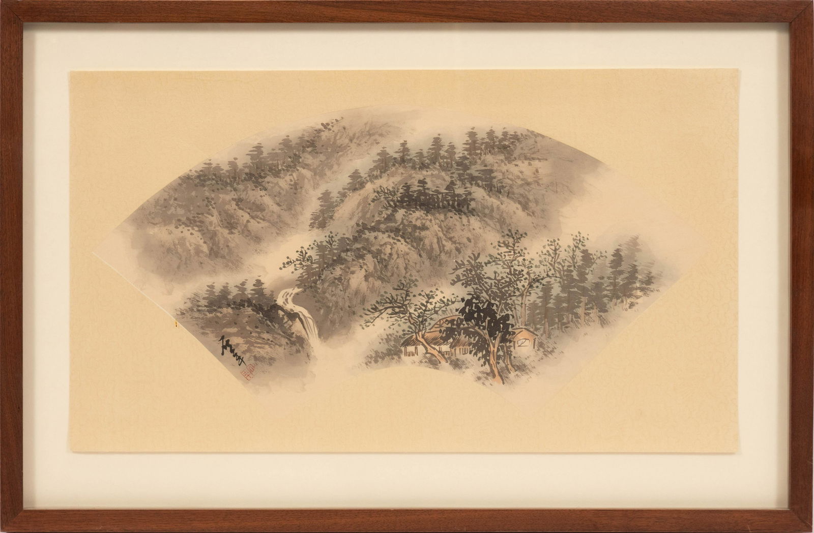 JAPANESE WATERCOLOR, FAN FORM H 7.2" W 17" LANDSCAPE (1 of 3)