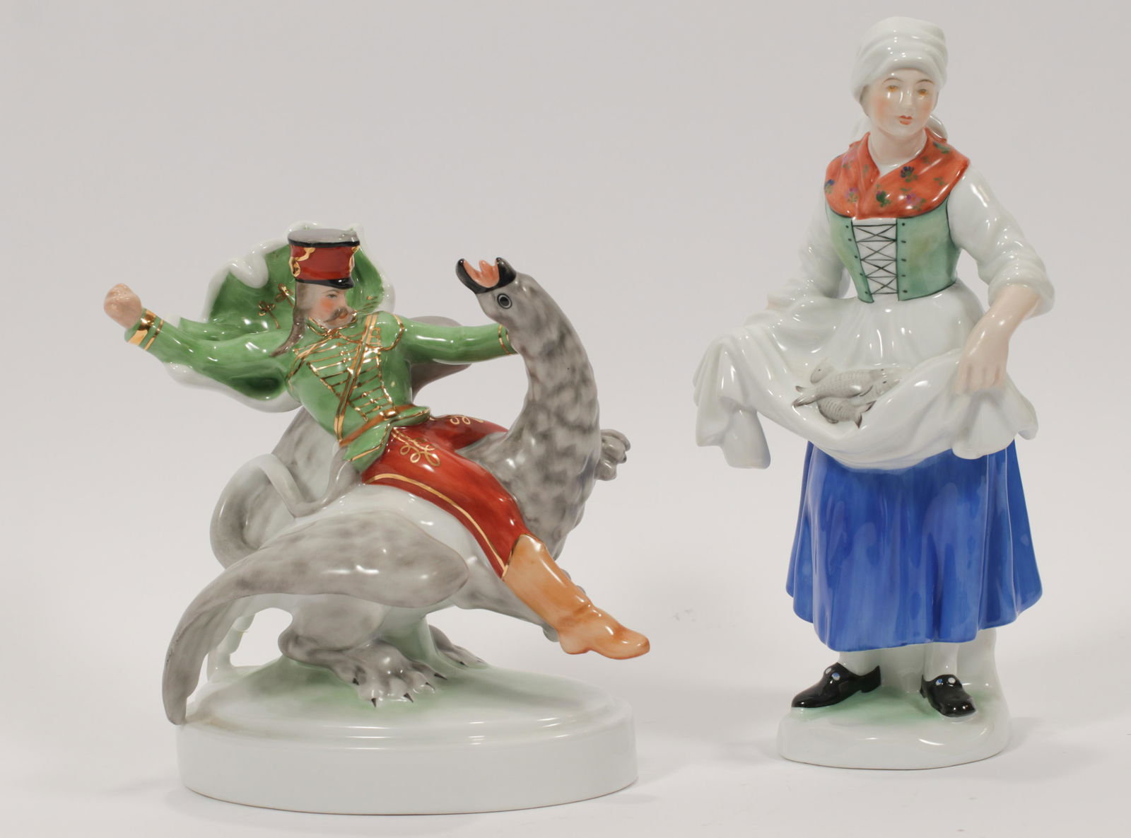 HEREND PORCELAIN FIGURES TWO H 7", 10" BOY ON EAGLE, (1 of 11)