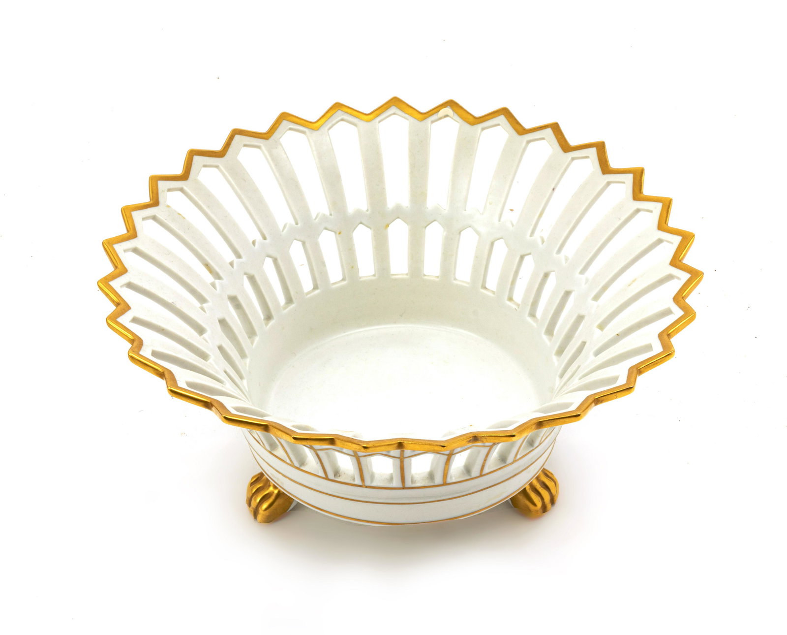 PORTUGAL FIRED GOLD & OPENWORK CENTERPIECE C. 1950 H 5": PORTUGAL FIRED GOLD & OPENWORK CENTERPIECE C. 1950 H 5" DIA 10" The centerpiece has gold claw feet.