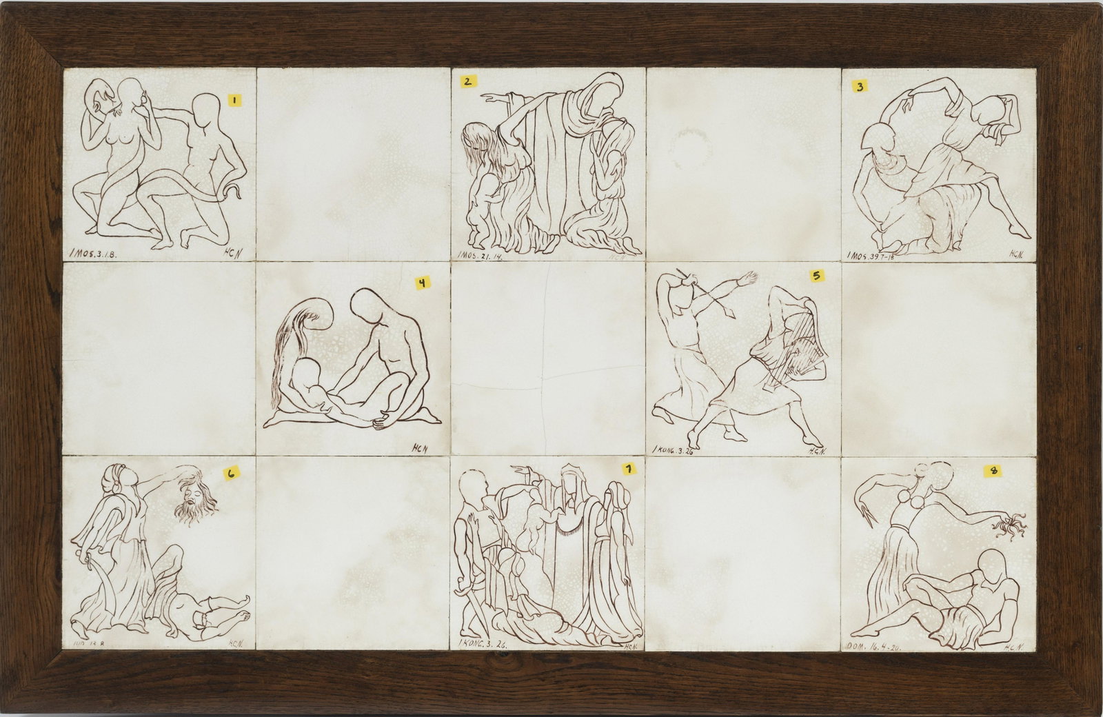 CERAMIC TILE ASSEMBLAGE, 20TH C, H 18", W 30", BIBLICAL: CERAMIC TILE ASSEMBLAGE, 20TH C, H 18", W 30", BIBLICAL SCENES A ceramic tile assemblage depicting biblical scenes. Presented in an oak frame, measuring H 22" x L 34". From the collection of Martin an