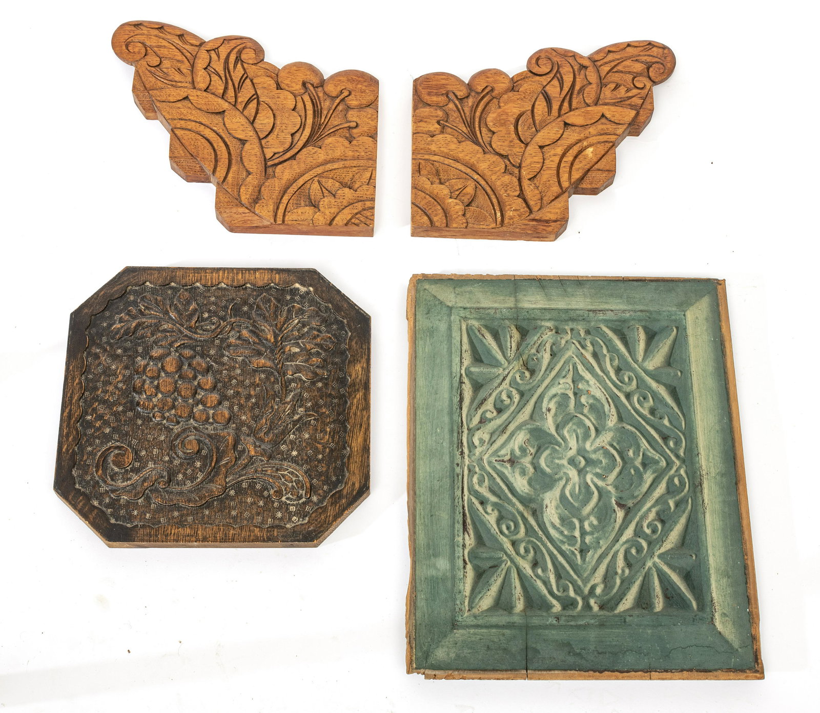 CARVED WOOD DETAILS LOT OF 10 PCS.: CARVED WOOD DETAILS LOT OF 10 PCS. Most early 1900's. Two carved grotesque facades 6" x 9". Two oak leafy brackets 12" x 11". One carved bracket 12" x 3". One rectangular heavy wood panel with two fig
