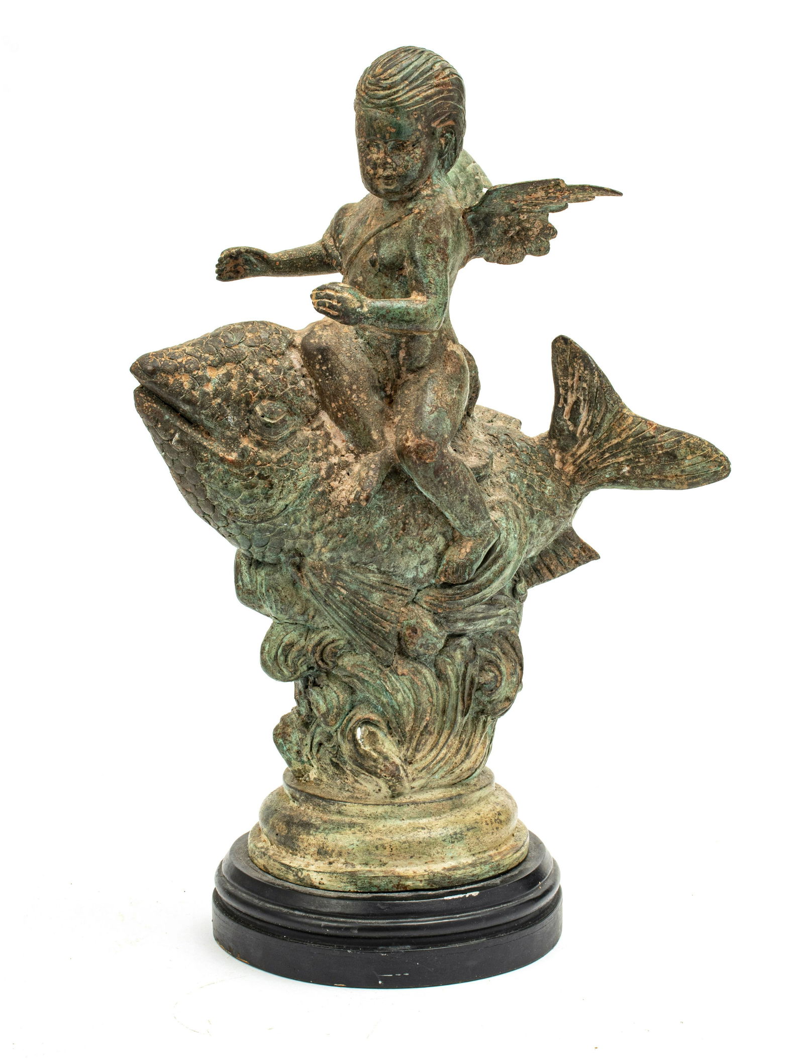 METAL FIGURE H 17.5 WINGED CHERUB RIDING DOLPHIN (1 of 4)