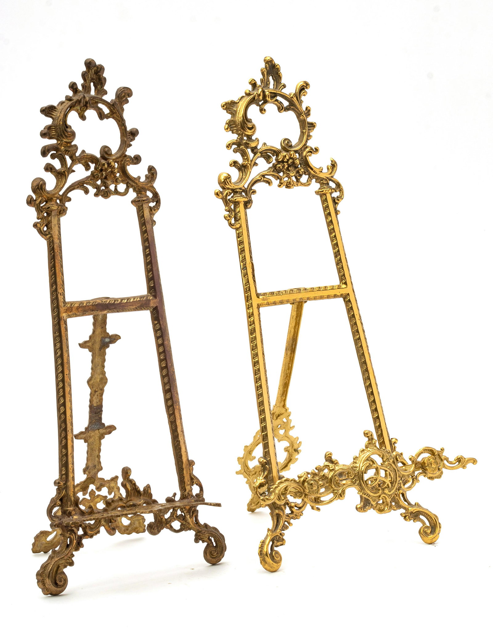 BRASS TABLE EASELS, TWO H 21" W 9" (1 of 2)