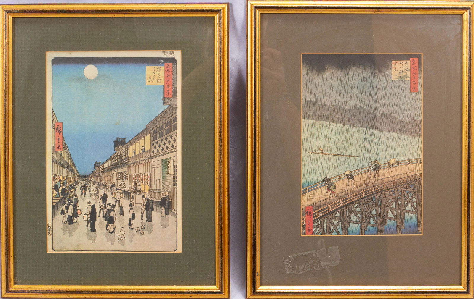 HIROSHIGE, PRINTS ON PAPER TWO, H 9" W 5.8" TOKAIDO (1 of 8)