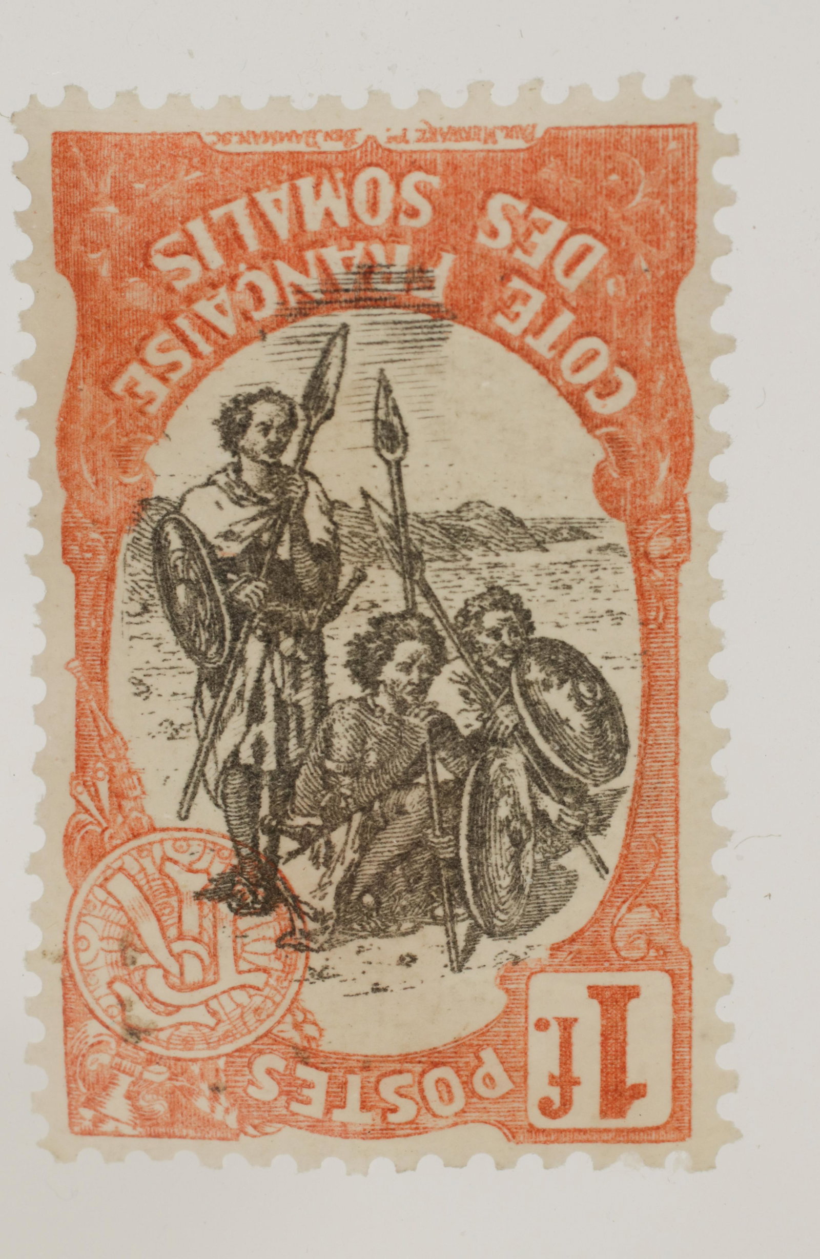INVERTED SOMALI WARRIORS AFRICAN NATION 1 FRANC,: INVERTED SOMALI WARRIORS AFRICAN NATION 1 FRANC, FRANCAISE, ORANGE/BLACK STAMP H, MINT,UNUSED ANTIQUE (1) H 8.5" W 5.5"SLEEVE Good Condition. African Natives, Hinged, Unused, Additional Color Pictures