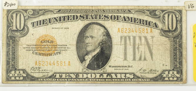 $10.DOLLAR GOLD CERTIFICATE PAPER CURRENCY HAMILTON: $10.DOLLAR GOLD CERTIFICATE PAPER CURRENCY HAMILTON PORTRAIT SERIAL #A62344581A 1928 ACTUAL SIZE 2.5" H X 6" W. SMALL (1) W 7.5" SLEEVE Ten dollar Gold Certificate Signed. Good to Fair Condition. Norm