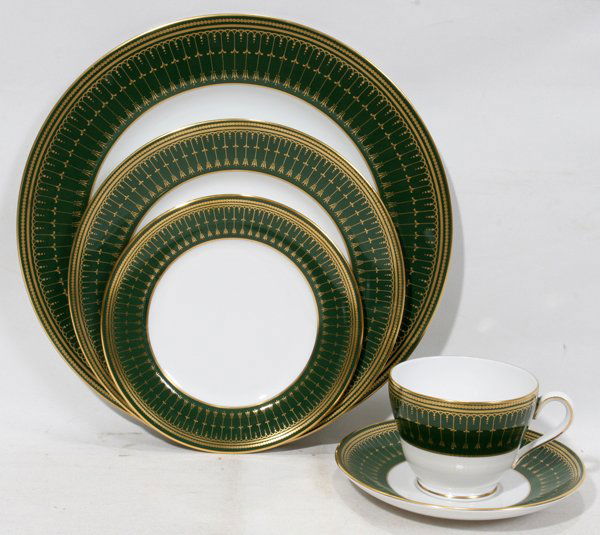 SPODE PORCELAIN CHINA "ROYAL WINDSOR", 59 PCS.: SPODE PORCELAIN CHINA "ROYAL WINDSOR", 59 PCS.:fired gold designs over green rims & white interiors and includes twelve dinner plates 10 1/2" dia; twelve luncheon plates, 8" Dia; twelve cups, eleven s