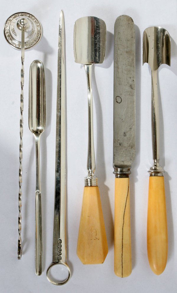AMERICAN & ENGLISH FLATWARE, STERLING, PLATE,6: AMERICAN & ENGLISH FLATWARE, STERLING, SILVER PLATE 19TH CENTURY, SIX PIECES, L 8 1/2" - 11":Including one Victorian Sterling marrow scoop by George William Adams which is stamped with the maker's mar