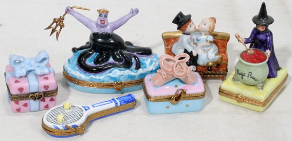 LIMOGES PORCELAIN BOXES "MAGIC BREW" URSULA SEA: LIMOGES PORCELAIN BOXES, "MAGIC BREW" URSULA SEA WITCH, ETC. 6 PCS., H 1"-3":includes "Magic Brew", Ursula Sea Witch", box with ribbon, tennis racket case, ballet slippers on box; boy & girl on park b
