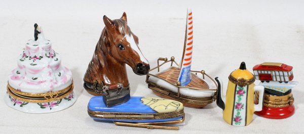 LIMOGES PORCELAIN BOXES, SAILBOAT, CAKE, ETC.: LIMOGES PORCELAIN BOXES, SAILBOAT, CAKE, ETC. 6 PCS., H 1"-4":includes: Sailboat, three tier cake, ironing board, horse head, trolley car & coffee pot;