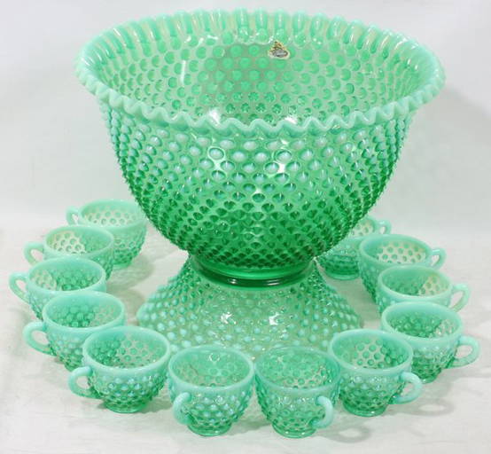 Fenton 'hobnail' Glass Punch Bowl & 12 Cups,