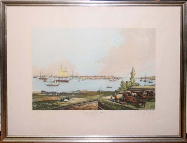 L. AUGIER, AQUATINT ENGRAVING, PENCIL SIGNED: L. AUGIER, AQUATINT ENGRAVING, PENCIL SIGNED. 18" X 23", 'NEW YORK IN 1846 FROM GOVERNORS ISLAND':Published by Sidney Z. Lucas, New York City. Framed. From the ex-collection of Sarah and late Draper H