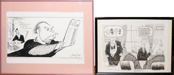 ARNOLD ROTH & MIKE THOMPSON HAND DRAWN CARTOONS: ARNOLD ROTH & MIKE THOMPSON HAND DRAWN CARTOONS, TWO, 8 1/2" X 16 1/2" & 11 1/2" X 14 1/2":Including one ink cartoon drawn by Arnold Roth (freelance cartoonist) which depicts "The Law...", 8 1/2" x 16