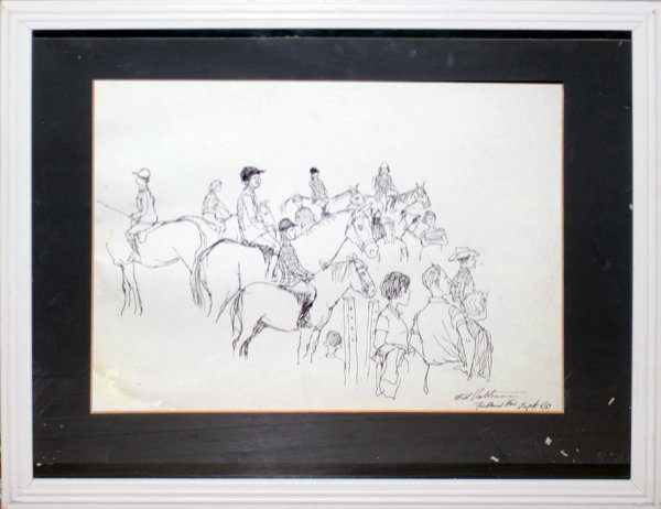 ED VALTMAN INK DRAWING, SEPTEMBER 6, 1969, : ED VALTMAN (AMER., D. 2005), INK DRAWING, SEPTEMBER 6, 1969, 11" X 15 1/2", 'PORTLAND FAIR':Cartoon drawing shows an equestrian event. Signed, dated and titled at the lower right; the image is matted,