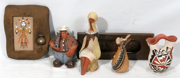 INDIAN, ISRAEL, POTTERY VESSELS, SIX ITEMS H 5": INDIAN, ISRAEL, POTTERY VESSELS, SIX ITEMS, H 5":2 vessels H5 1/2". Cowboy pottery signed B. Mann. Israel signed K D pottery figure H8". Copper newspaper door for an exterior front door inscribed "pap