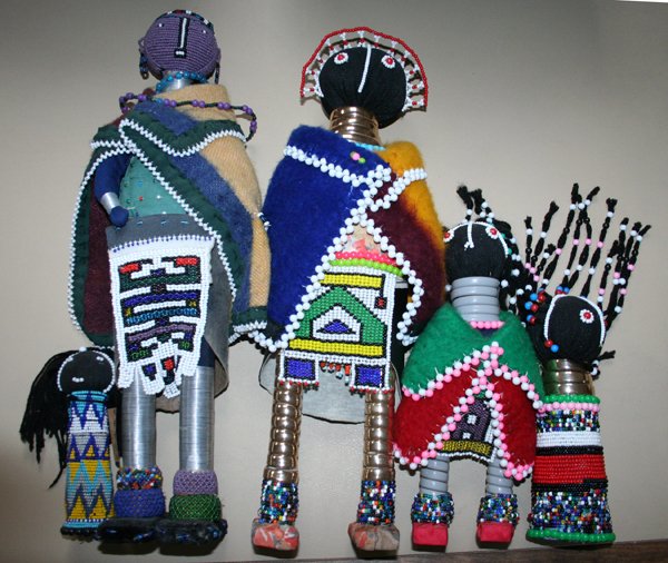 ZULU BEADWORK & WOOL 'SANGOMA DOLLS', FIVE,: ZULU BEADWORK & WOOL 'SANGOMA DOLLS', FIVE, L 5"-17": From the Collection of Alfred S. Warren. Good condit