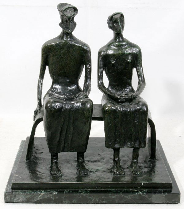 AFTER HENRY MOORE, BRONZE SCULPTURE, 12 1/2": AFTER HENRY MOORE, BRONZE SCULPTURE, 12 1/2" X 11 3/4" X 8 1/2" OVERALL, KING & QUEEN:Sculpture depicts a seated male and female figure, side by side, on a bench. The base is incised "Moore 319". On a