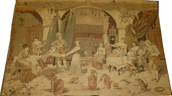BELGIAN TAPESTRY, C. 1900, 4' 9" X 3' 2": BELGIAN TAPESTRY, C. 1900, 4' 9" X 3' 2":A 17th century style great hall setting with ten figures at various pursuits.