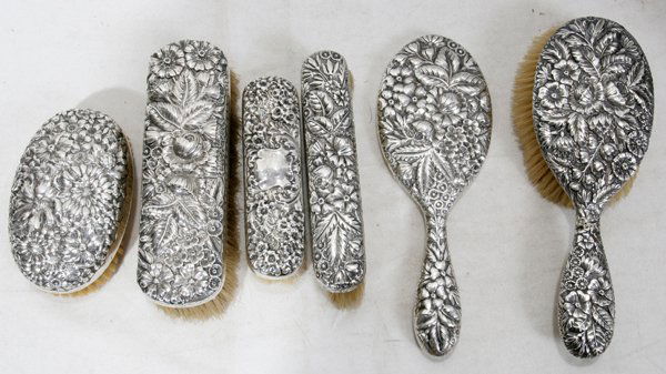 GORHAM REPOUSSE STERLING DRESSER SET, SIX PCS: GORHAM REPOUSSE STERLING DRESSER SET, SIX PIECES:All circa 1900 #20404. Four clothes brushes, hand mirror, hair brush.