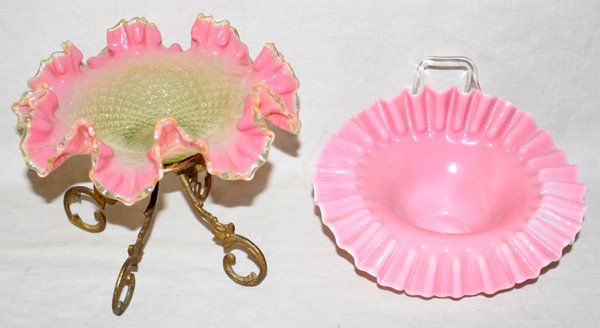 JACK-IN-THE-PULPIT DISH & VASELINE DISH C. 1880: VICTORIAN JACK-IN-THE-PULPIT DISH & VASELINE DISH, C. 1880:Pink and white Jack in the Pulpit L 6 1/2", W 5 1/2", along with a Vaseline glass dish H 6", Dia. 6 1/2", with pleated pink edge on frame. Vi