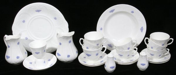 ROYAL ADDERLEY ANTIQUE 'BLUE CHELSEA' CHINA, 23: ROYAL ADDERLEY ANTIQUE 'BLUE CHELSEA' CHINA, 23 PIECES:Includes 2 pitchers, H 5"; 8 saucers; 8 cups; salt and pepper; soup bowl, Dia 8 3/4"; serving dish, Dia 9"; egg cup.