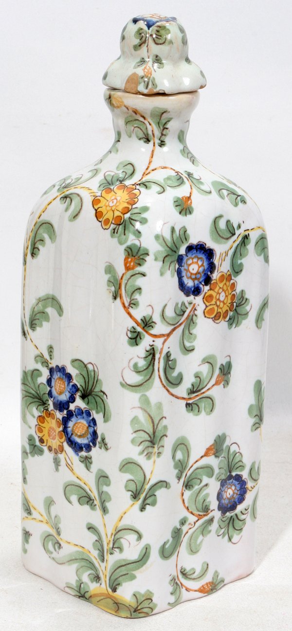 DUTCH ANTIQUE POTTERY HAND PAINTED DECANTER,: DUTCH ANTIQUE POTTERY HAND PAINTED DECANTER, H 9":With ceramic stopper. Rooster trade mark. H 9 1/2". Probably Arnheim faience.