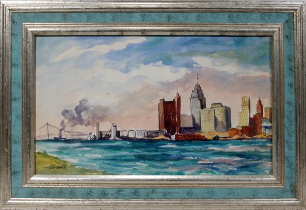 HUGHIE LEE-SMITH WATERCOLOR ON PAPER, 13" X 21": HUGHIE LEE-SMITH (AMERICAN 1915-1999), WATERCOLOR ON PAPER, 13" X 21":View of downtown Detroit. Signed lower left. 13" x 21 1/2".
