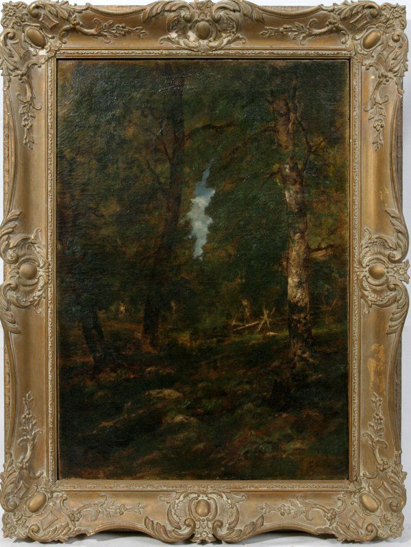 ATTRIB. TO GEORGE INNESS OIL ON CANVAS 18" X26": ATTRIB. TO GEORGE INNESS (AMERICAN 1825-1894), OIL ON CANVAS, 18" X 26", 'WOODED LANDSCAPE':Signed lower right. 18 1/2" x 26 1/4".