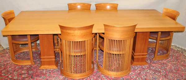 CASSINA, MILAN, CHERRY WOOD DINING ROOM SET: CASSINA, MILAN, FRANK LLOYD WRIGHT DESIGN CHERRY WOOD DINING ROOM SET, CIRCA 1986, SEVEN PIECES.:Ensemble includes a dining table L 101", W 42" which sits atop a matching pedestal and is accompanied s