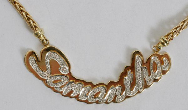 14KT GOLD NECKLACE CUSTOM NAME PLATE "SAMANTHA": 14KT GOLD NECKLACE CUSTOM NAME PLATE "SAMANTHA", DIAMONDS WEIGH 1.10 CT T.W.:1.10 cts diamonds total. Si - 1 , H color.