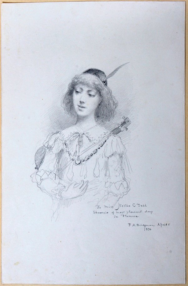 F.A. BRIDGMAN, PENCIL DRAWING, 1876, C. 5 1/2": F.A. BRIDGMAN, PENCIL DRAWING, 1876, C. 5 1/2" X 3 3/4" IMAGE, FLORENTINE, YOUNG MALE TROUBADOUR:Pencil signed, dated April 5, 1876 and inscribed, "To Miss Nellie C. Todd, souvenir of most pleasant da