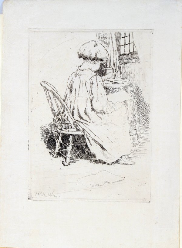 J. ALDEN WEIR, ETCHING, LITTLE GIRL AT TABLE : J. ALDEN WEIR, ETCHING, 6 3/4" X 5", LITTLE GIRL AT TABLE WRITING & READING: AMERICAN 1852-1919:Pencil signed; 10" x 7 1/2" paper size. Unframed.