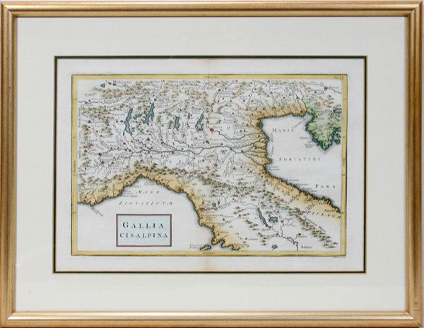 RICHARD WILLIAM SEALE HAND COLORED MAP 8" X 12": RICHARD WILLIAM SEALE (BRITISH FL. 1732-1775), HAND COLORED MAP, 8" X 12", "GALLIA CISALPINA":Tab. XV; modern custom frame. Seale was an 18th century engraver and cartographer from London. Date of pri