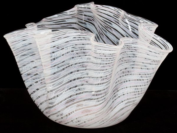 MURANO BLOWN GLASS RIBBON VASE, H 5", DIA 8": MURANO BLOWN GLASS RIBBON VASE, H 5", DIA 8":Blown glass. Handkerchief border. Pink and white stripe.