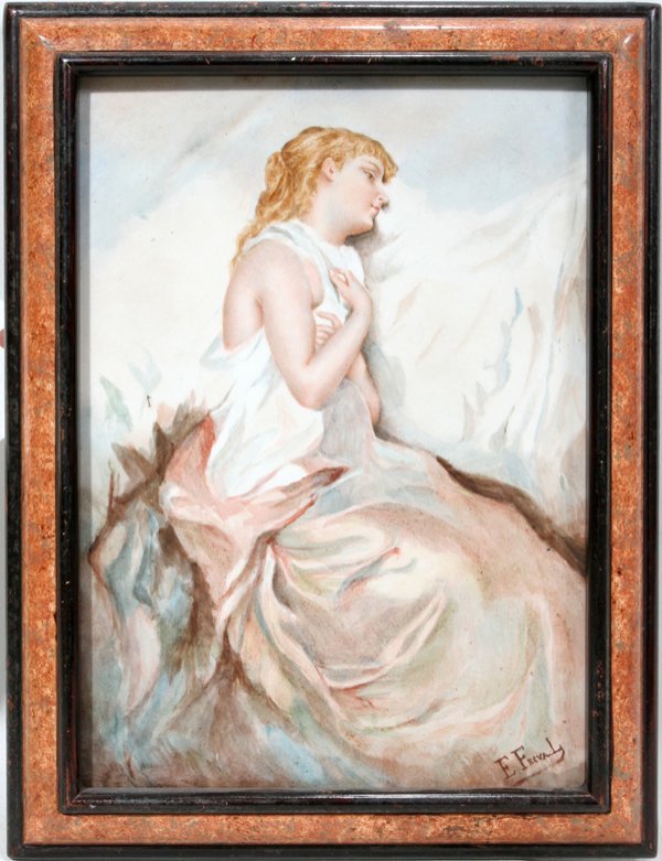 EUGENE FREVAL, HAND PAINTED PORCELAIN PLAQUE, : EUGENE FREVAL, HAND PAINTED PORCELAIN PLAQUE, 10" X 7", YOUNG GIRL RESTING:Signed lower right; framed. Artist born 1880.