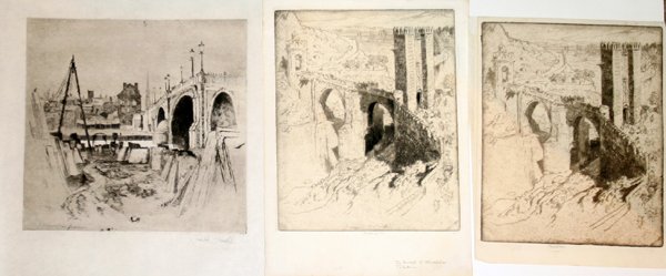JOSEPH PENNELL, ETCHINGS, RIDGE OF ALCANTARA &: JOSEPH PENNELL, ETCHINGS, RIDGE OF ALCANTARA & AT CHESWICK:Two etchings: The Bridge of Alcantara, Toledo image 10" X 7 7/8". Paper sizes: 12 1/2" x 9" and second 11" x 8 1/8". Third etching: At Cheswi