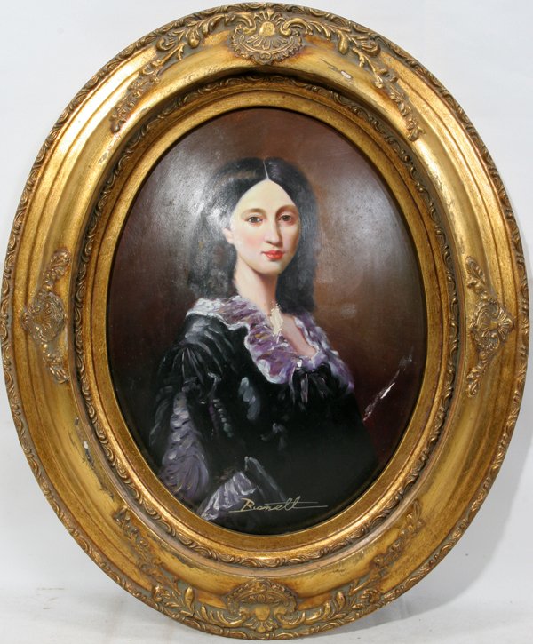 OIL ON PLASTER DECORATIVE OVAL PLAQUE, PORTRAIT: OIL ON PLASTER DECORATIVE OVAL PLAQUE, PORTRAIT OF A YOUNG WOMAN 16" X 12", SIGNED, "BENETT":Modern; in a decorative, gilt plaster frame. Oval convex panel. As is.