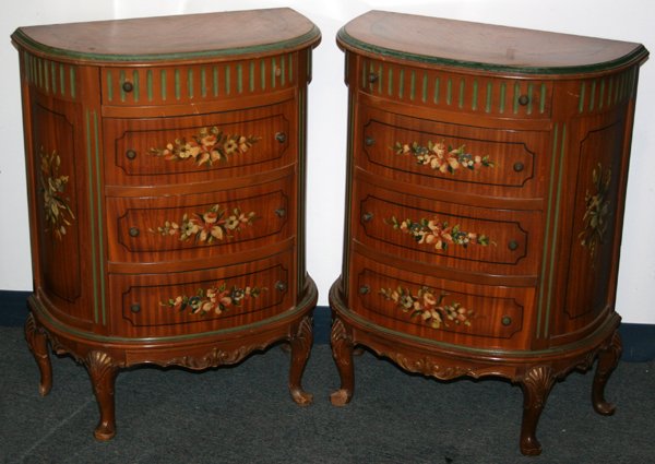 ADAMS INFLUENCED END TABLES, PAIR, H 29", L 22": ADAMS INFLUENCED END TABLES, PAIR, H 29", L 22", D 12":Having four drawers, floral painting with green trim, club feet with shell knees.