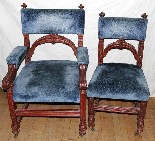CARVED WALNUT DINING CHAIRS, C. 1900, 9: CARVED WALNUT DINING CHAIRS, C. 1900, SET OF NINE:Beautifully carved frames. Two arms and seven side style. Ex estate Rivard Blvd. Grosse Pointe Mi.