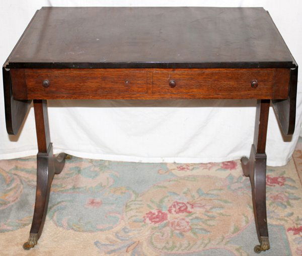 MAHOGANY 2 DRAWER DROP LEAF SIDE TABLE,: DUNCAN PHYFE STYLE MAHOGANY 2 DRAWER DROP LEAF SIDE TABLE, C. 1950-60, H 27", W 33" CLOSED, D 22":Sofa table.