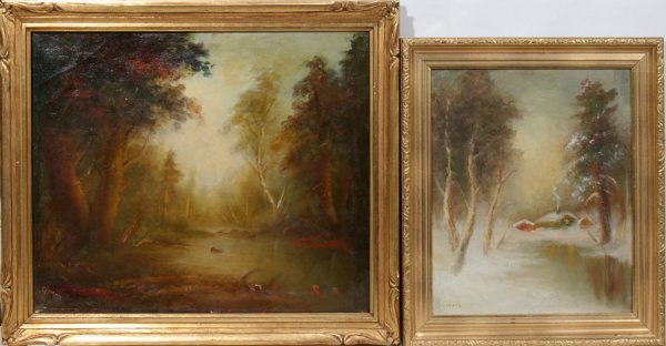 SIGNED SEVERIN, OIL ON CANVAS, TWO, 16" X 14" &: SIGNED SEVERIN, OIL ON CANVAS, TWO, 16" X 14" & 19" X 23", LANDSCAPES:Each depicts a wooded landscape, one winter and one late summer/early fall, and signed "Severin" at the lower left. Both images ar