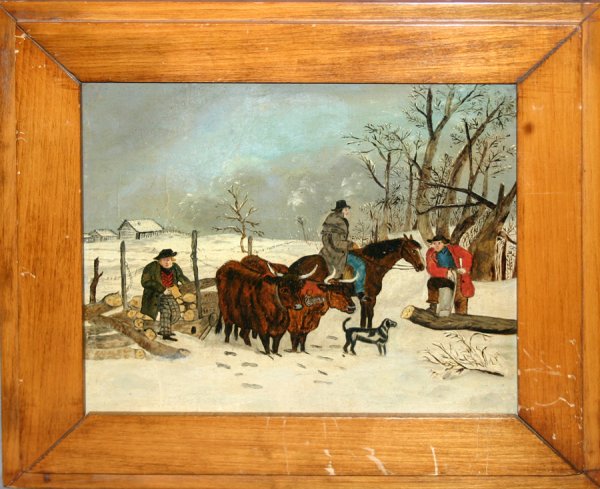 AMERICAN SCHOOL, OIL ON BOARD, 8" X 10", WINTER: AMERICAN SCHOOL, OIL ON BOARD, 8" X 10", WINTER FARM SCENE, UNSIGNED:winter scene depicts farmers cutting wood along with ox drawn logging sleigh, maple frame; unsigned;