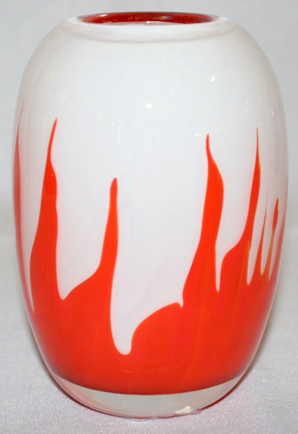 DOMINICK LABINO (1910-87) ART GLASS VASE, 1982,: DOMINICK LABINO (1910-87) ART GLASS VASE, 1982, H 5 1/2":Ovoid shape, white with orange "flames", signed "Labino 6-1982" at the underside (see additional photo). From the collection of Helen W. Korman